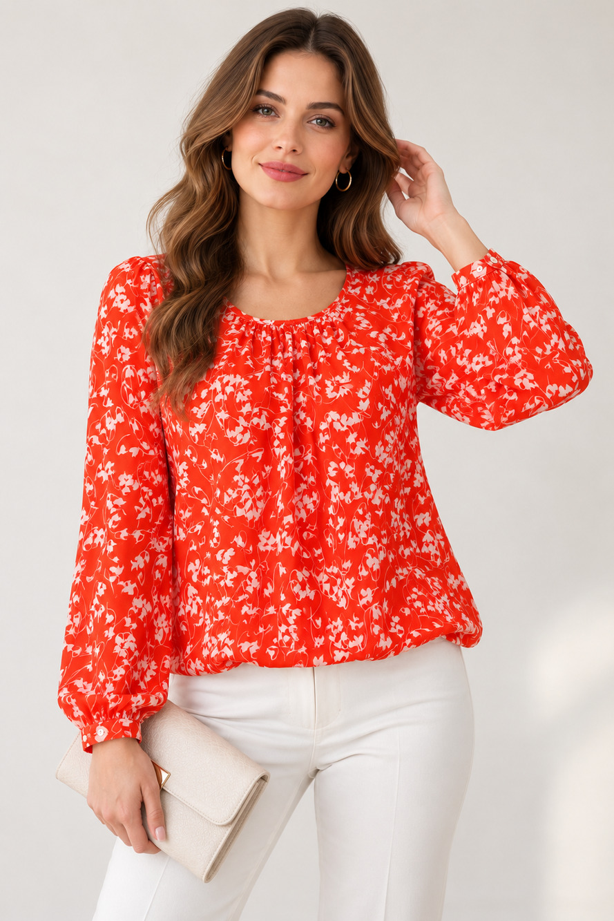 Tommy Hilfiger Women’s S Orange Floral Long Sleeve Blouse Pleated Lightweight